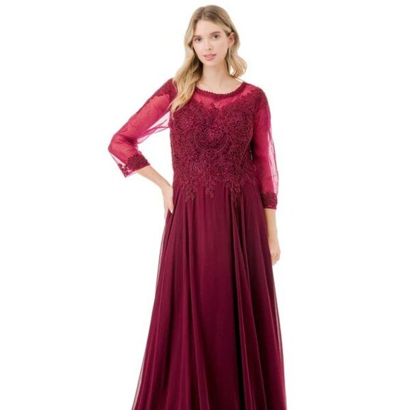 New A-Line MOB Formal Plus Size Maxi Gown w/ Round Neck & Floral Lace TC M2723JP - Picture 3 of 8